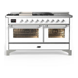 ILVE UM60FSNR3WHC Majestic III 60 inch Dual Fuel Range with 7 Burners, Griddle and French Top, Dual Function Burner with up to 25,000 BTU (Natural Gas, Triple Glass Door, White, Chrome)