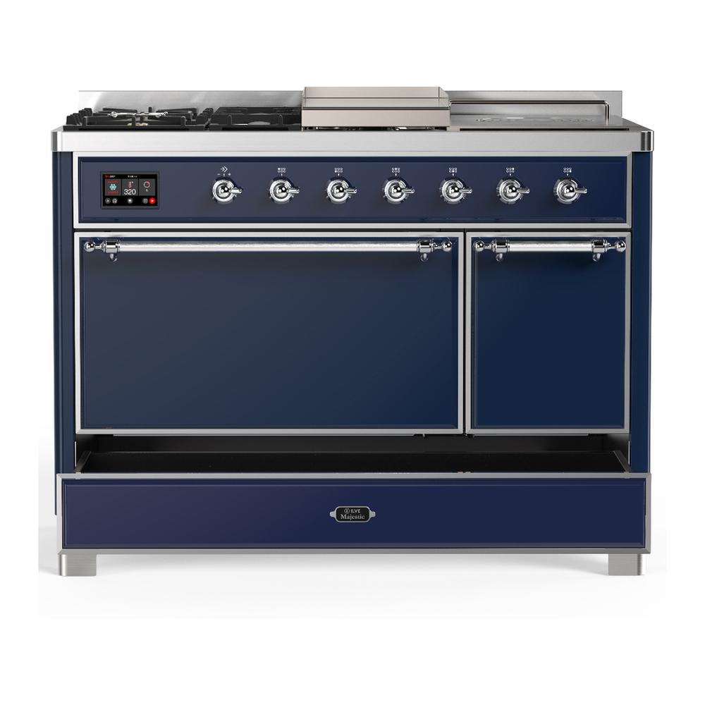 ILVE UM48FSQNR3MBCLP Majestic III 48 inch Dual Fuel Range with 5 Black Brass Burners, Griddle and French Top, Dual Function Burner up to 25,000 BTU (Liquid Propane, Solid Door, Midnight Blue, Chrome)