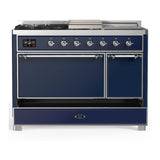 ILVE UM48FSQNR3MBCLP Majestic III 48 inch Dual Fuel Range with 5 Black Brass Burners, Griddle and French Top, Dual Function Burner up to 25,000 BTU (Liquid Propane, Solid Door, Midnight Blue, Chrome)