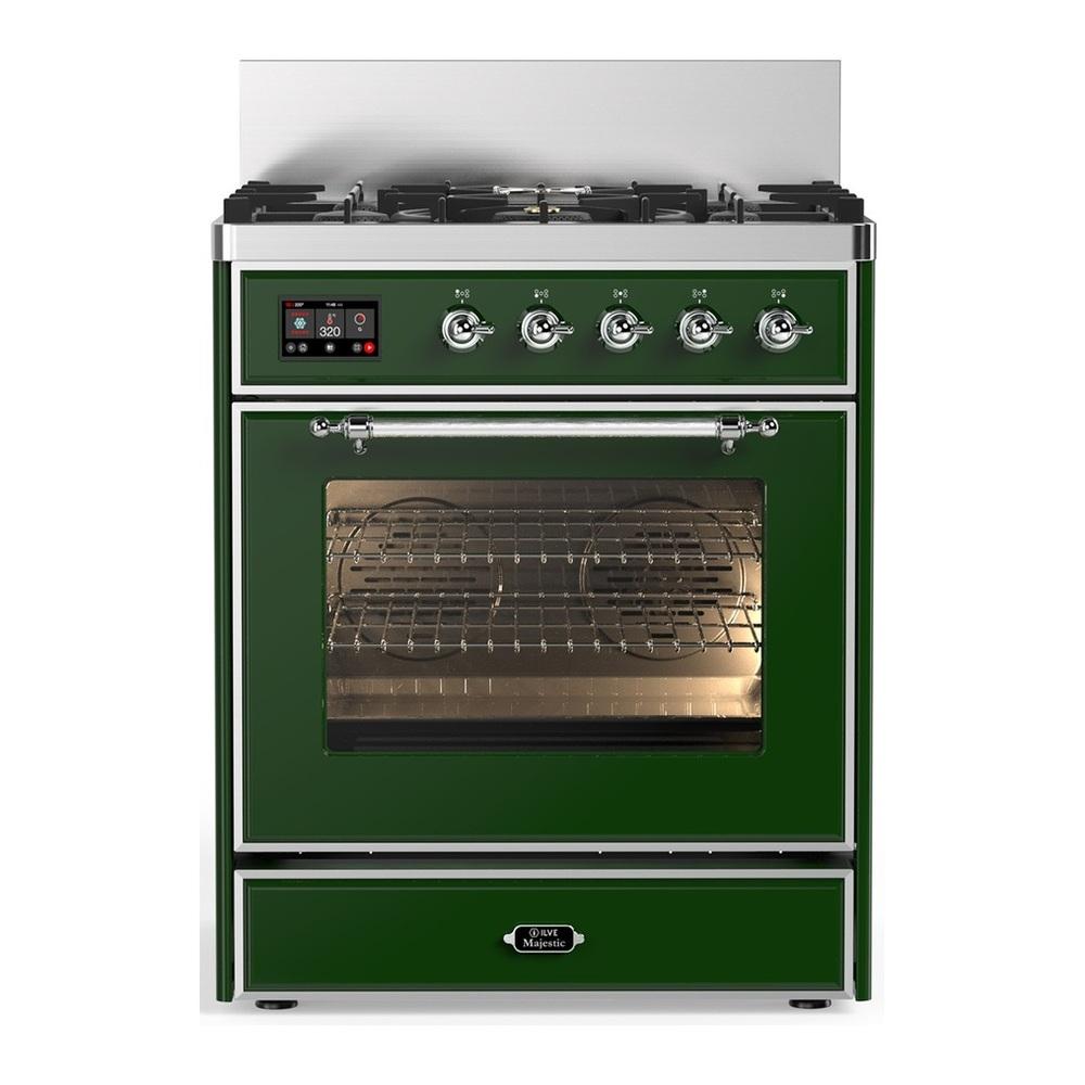 ILVE UM30NR3EGCLP Majestic III 30 inch Dual Fuel Range with 5 Black Brass Burners, Dual Function Burner up to 25,000 BTU (Liquid Propane, Triple Glass Door, Emerald Green, Chrome)