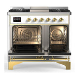 ILVE UMD40FNR3WHG Majestic III 40 inch Dual Fuel Range with 6 Burners and Griddle, Dual Function Burner up to 25,000 BTU (Natural Gas, Triple Glass Door, White, Brass)
