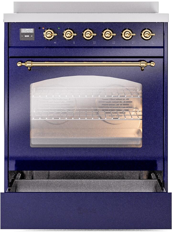 Nostalgie II 30 Inch Electric Freestanding Range in Blue with Brass Trim