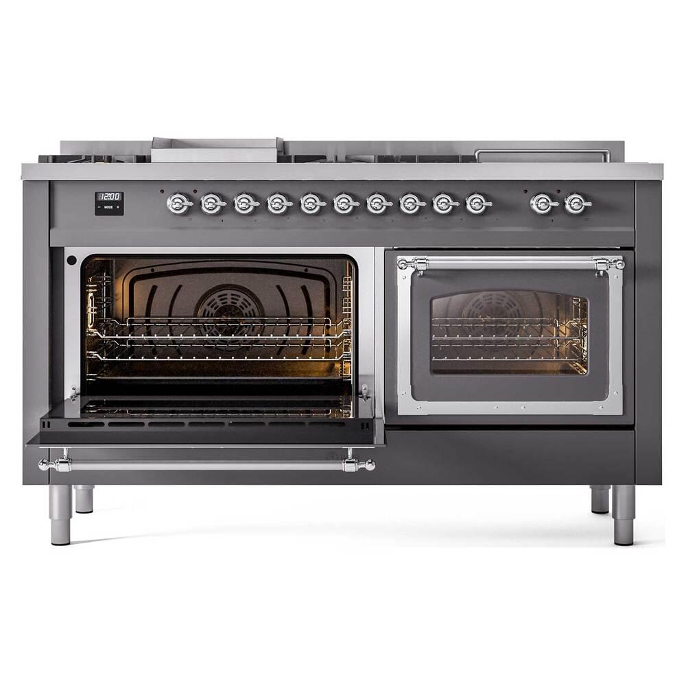 ILVE UN60FSNMPMGC Nostalgie II Noblesse 60 inch Dual Fuel Range (7 Sealed Burners + Griddle + French Top, Natural Gas, Triple Glass Door, Graphite Matte, Chrome)