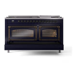ILVE UN60FNMPMBBLP Nostalgie II Noblesse 60 inch Dual Fuel Range (9 Sealed Burners + Griddle, Liquid Propane, Triple Glass Door, Midnight Blue, Burnished)