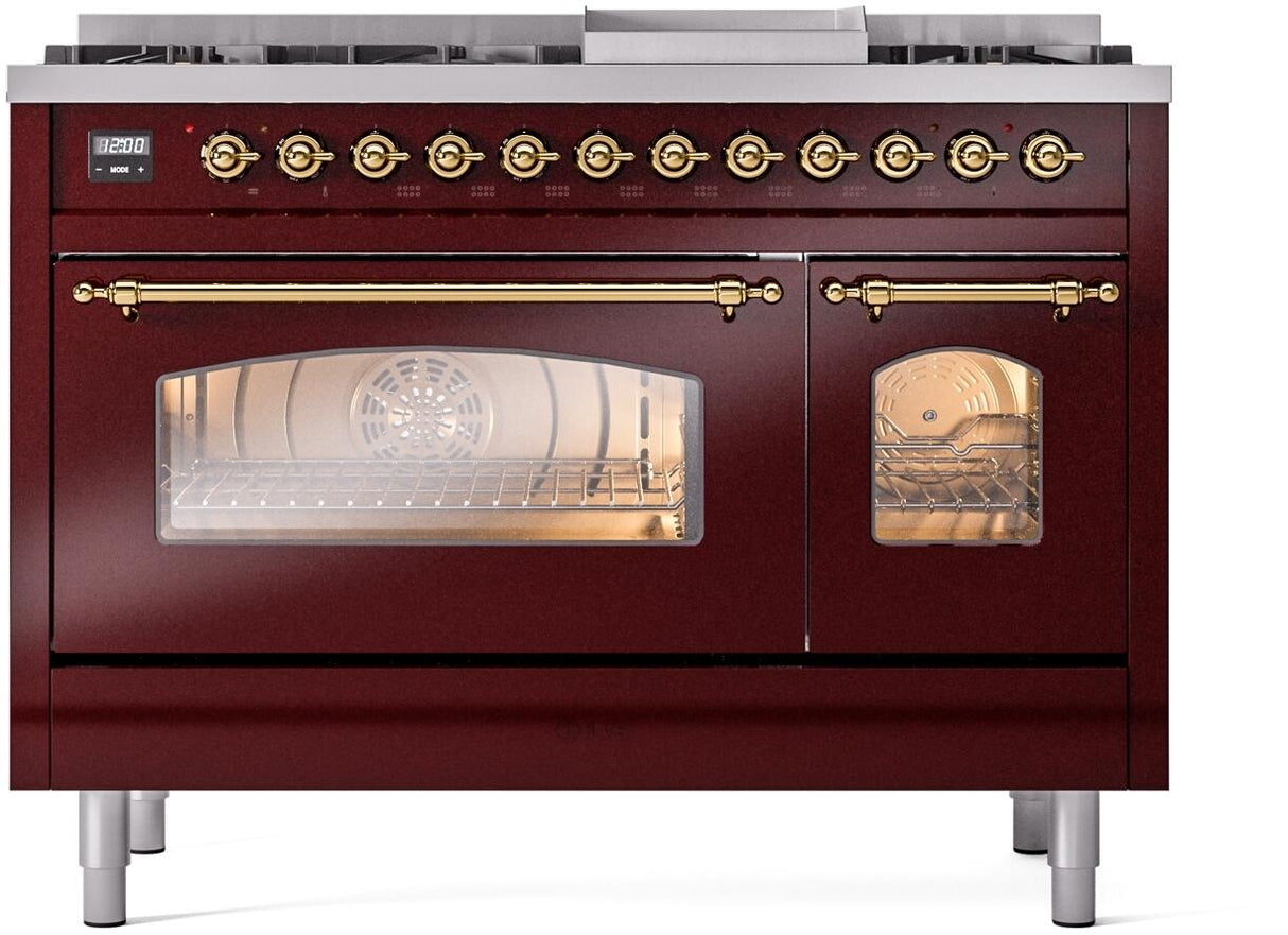 Nostalgie II 48 Inch Dual Fuel Liquid Propane Freestanding Range in Burgundy with Brass Trim