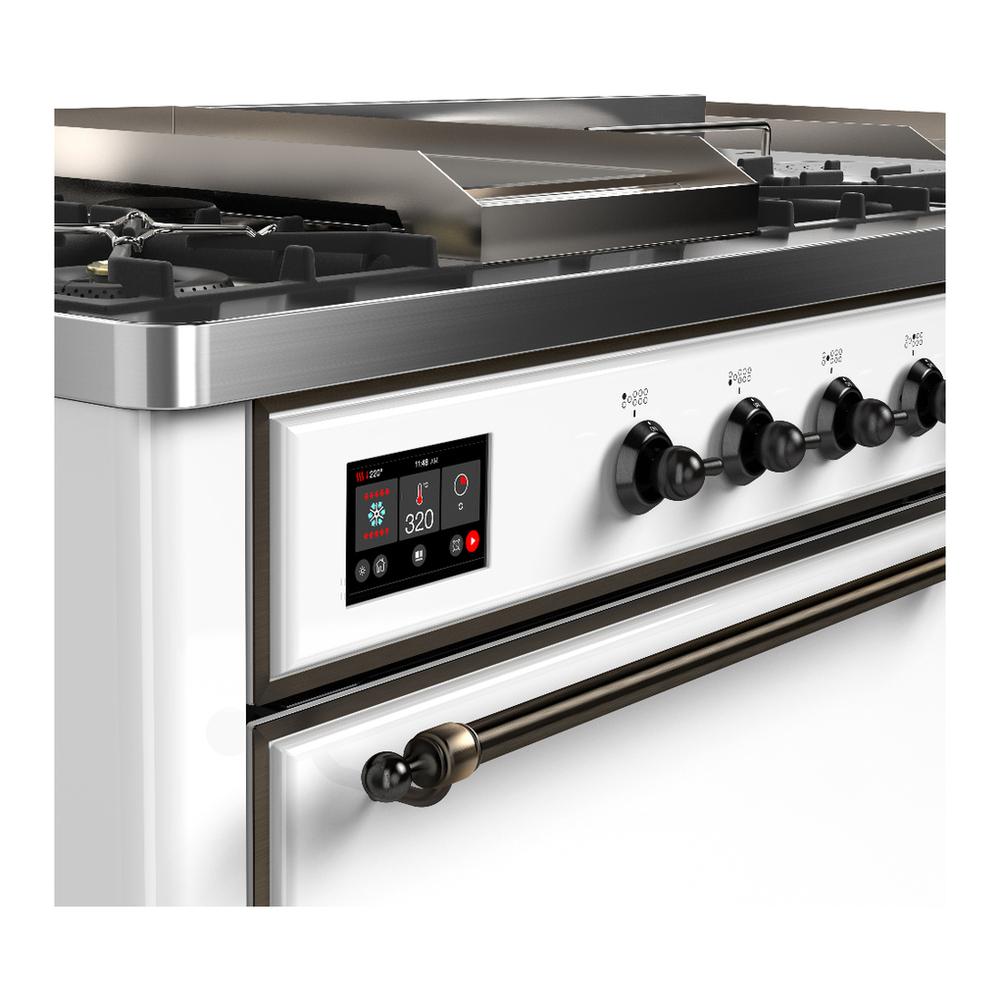 ILVE UM60FSQNR3WHB Majestic III 60 inch Dual Fuel Range with 7 Burners, Griddle and French Top, Dual Function Burner with up to 25,000 BTU (Natural Gas, Solid Door, White, Burnished)