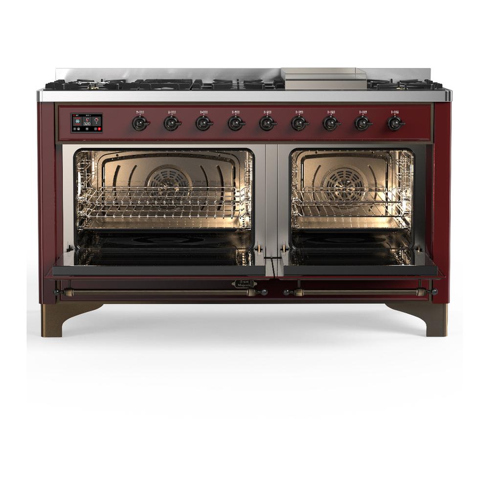 ILVE UM60FNR3BUBLP Majestic III 60 inch Dual Fuel Range with 9 Burners and Griddle, Dual Function Burner up to 25,000 BTU (Liquid Propane, Triple Glass Door, Burgundy, Burnished)
