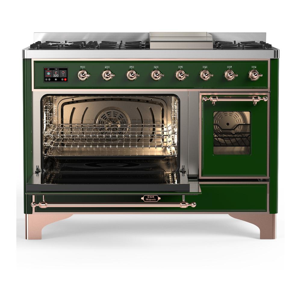 ILVE UM48FNR3EGP Majestic III 48 inch Dual Fuel Range with 8 Burners and Griddle, Dual Function Burner up to 25,000 BTU (Natural Gas, Triple Glass Door, Emerald Green, Copper)