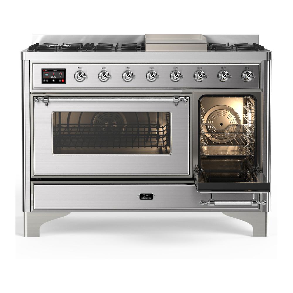 ILVE UM48FNR3SSCLP Majestic III 48 inch Dual Fuel Range with 8 Burners and Griddle, Dual Function Burner up to 25,000 BTU (Liquid Propane, Triple Glass Door, Stainless Steel, Chrome)