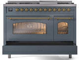 Nostalgie II 48 Inch Dual Fuel Liquid Propane Freestanding Range in Blue Grey with Brass Trim