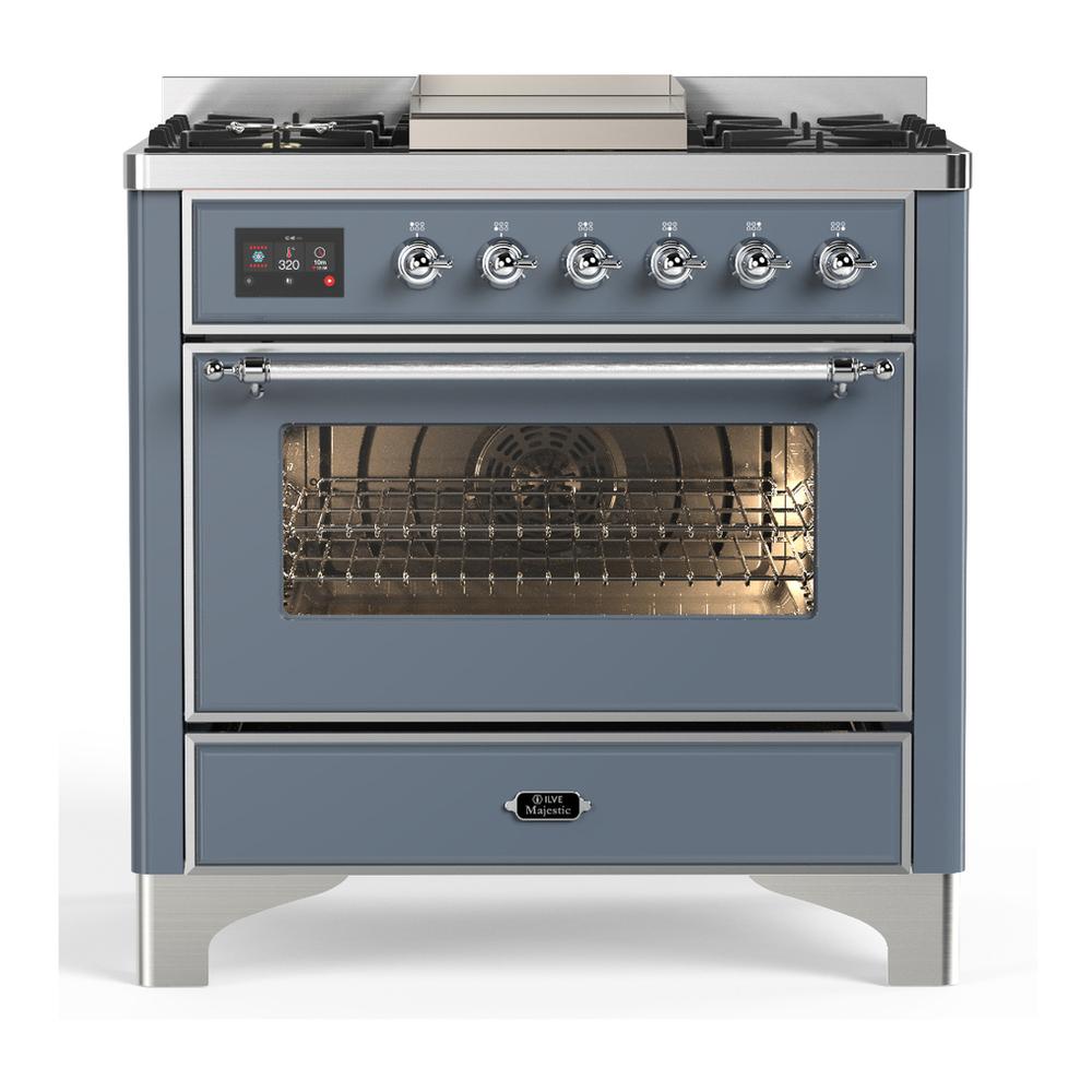 ILVE UM36FNR3BGCLP Majestic III 36 inch Dual Fuel Range with 6 Black Brass Burners and Griddle, Dual Function Burner up to 25,000 BTU (Triple Glass Door, Blue Grey, Chrome, Liquid Propane)