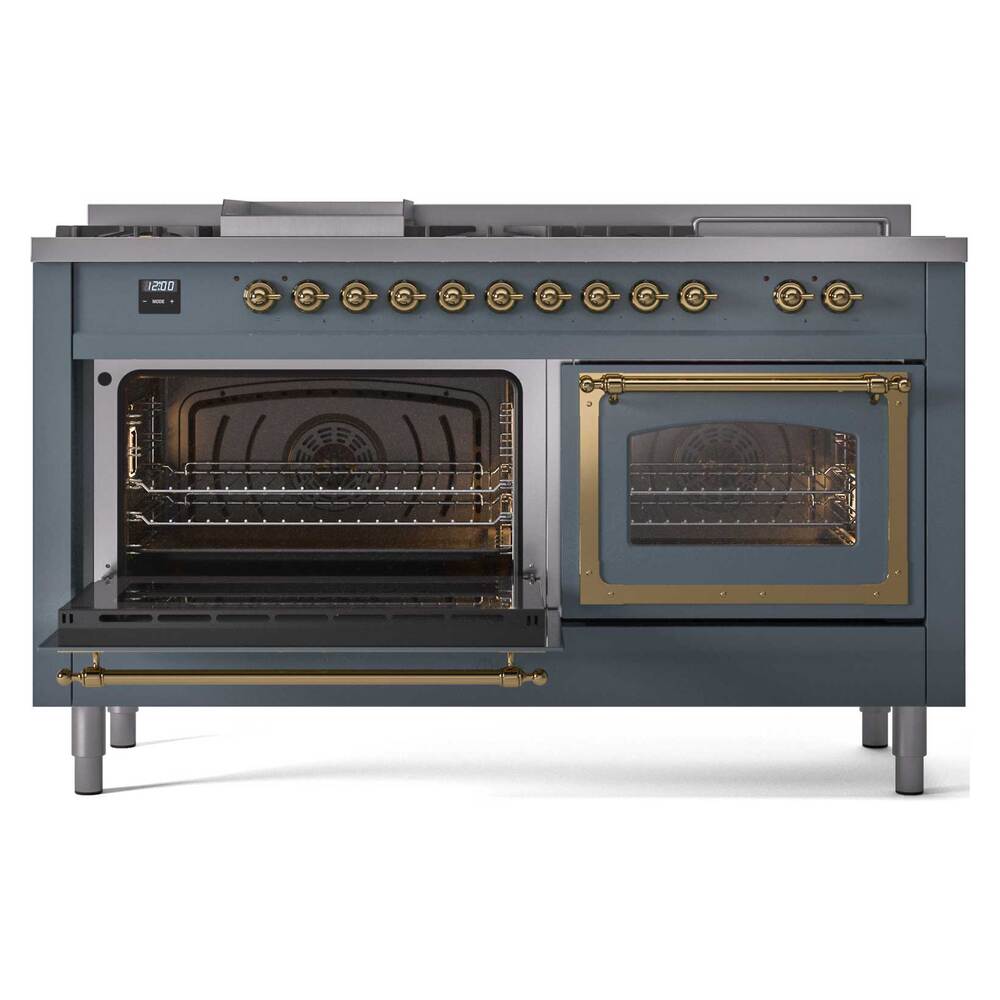 ILVE UN60FSNMPBGGLP Nostalgie II Noblesse 60 inch Dual Fuel Range (7 Sealed Burners + Griddle + French Top, Liquid Propane, Triple Glass Door, Blue Grey, Brass)