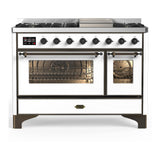 ILVE UM48FNR3WHB Majestic III 48 inch Dual Fuel Range with 8 Burners and Griddle, Dual Function Burner up to 25,000 BTU (Natural Gas, Triple Glass Door, White, Burnished)