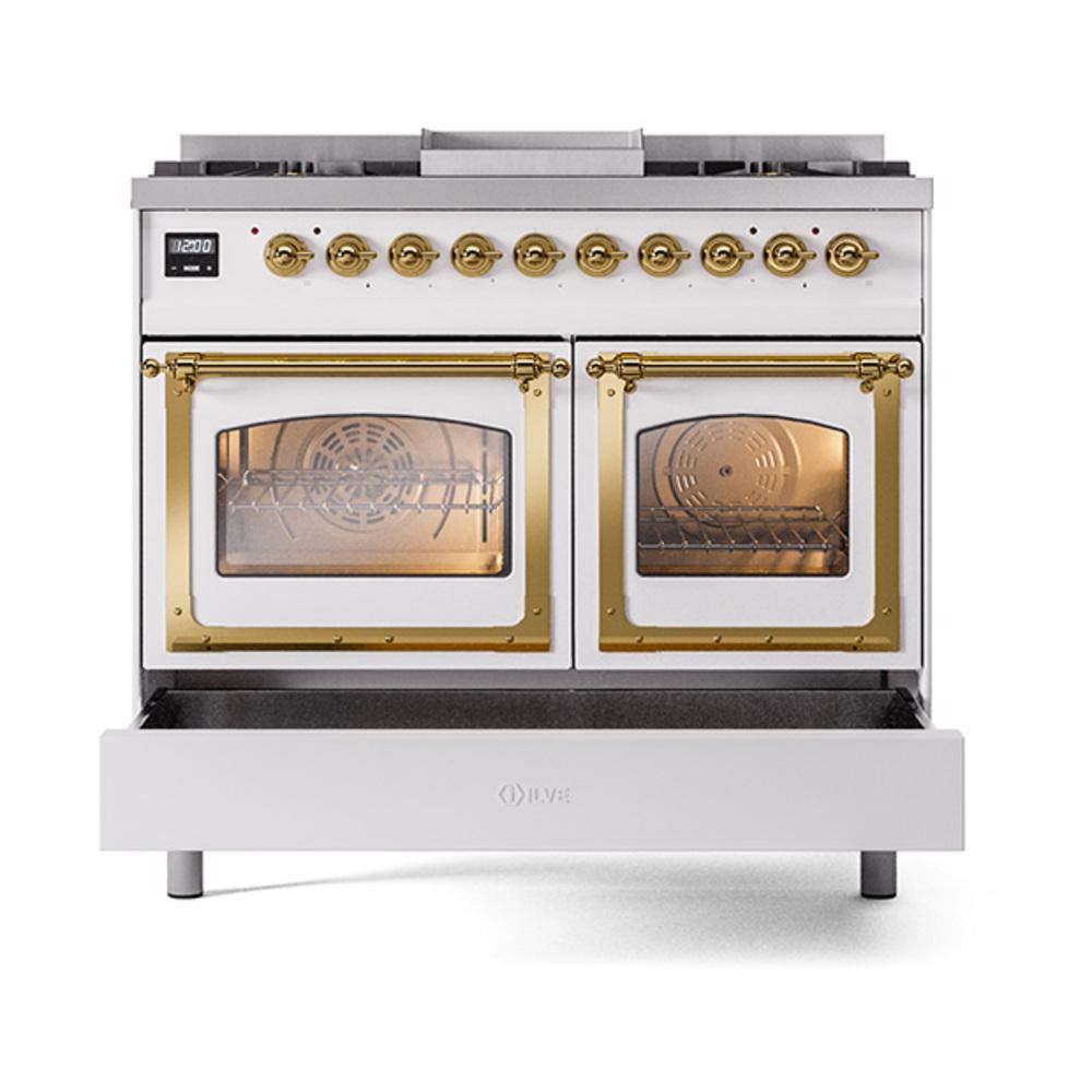 ILVE UND40FNMPWHGLP Nostalgie II Noblesse 40 inch Dual Fuel Range (Liquid Propane, Triple Glass Door, White, Brass)
