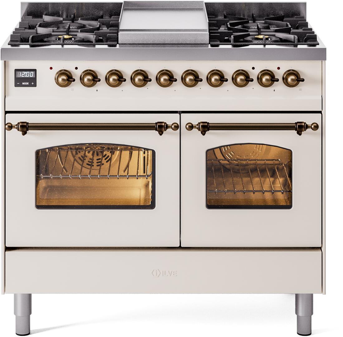 Nostalgie II 40 Inch Dual Fuel Natural Gas Freestanding Range in Antique White with Bronze Trim