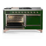 ILVE UM60FSQNR3EGP Majestic III 60 inch Dual Fuel Range with 7 Burners, Griddle and French Top, Dual Function Burner with up to 25,000 BTU (Natural Gas, Solid Door, Emerald Green, Copper)