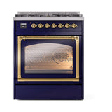 ILVE UN30NMPMBGLP Nostalgie II Noblesse 30 inch Dual Fuel Range (Liquid Propane, Triple Glass Door, Midnight Blue, Brass)
