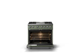 36"W. Dual Fuel Range (Burner: 4g, Finish: Eucalyptus, Trim: Polished Chrome, Fuel: Natural Gas)