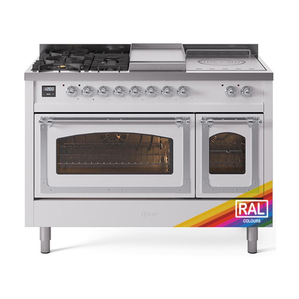 ILVE UN48FSNMPRACLP Nostalgie II Noblesse 48 inch Dual Fuel Range (5 Sealed Burners + Griddle + French Top, Liquid Propane, Triple Glass Door, RAL, Chrome)