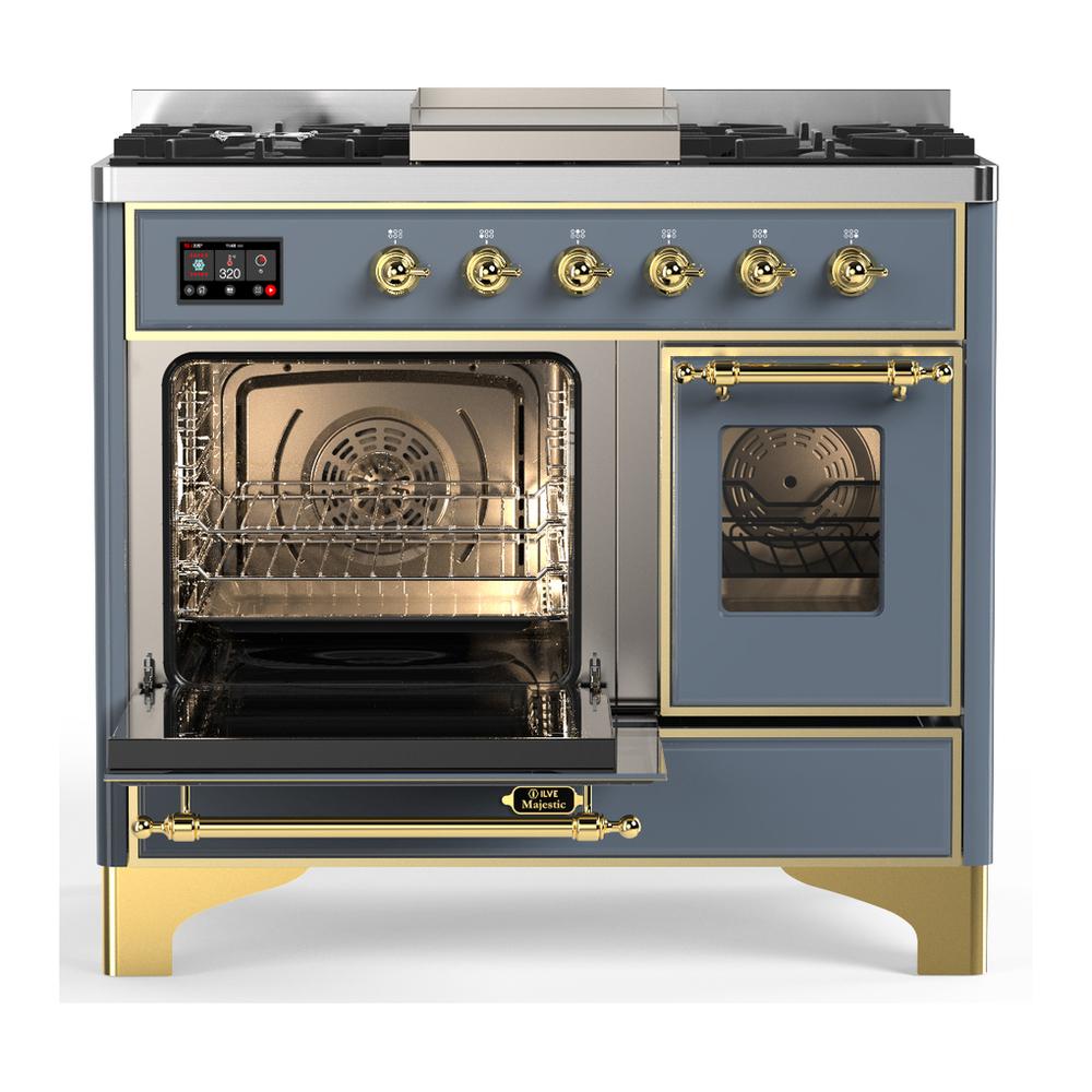 ILVE UMD40FNR3BGGLP Majestic III 40 inch Dual Fuel Range with 6 Burners and Griddle, Dual Function Burner up to 25,000 BTU (Liquid Propane, Triple Glass Door, Blue Grey, Brass)