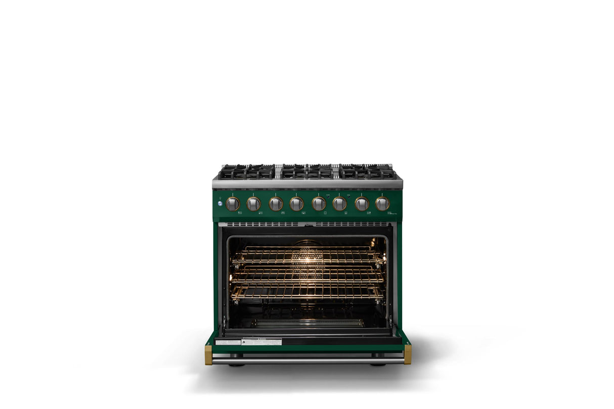 36"W. Dual Fuel Range (Burner: 6b, Finish: Ivy, Trim: Polished Chrome, Fuel: Propane)