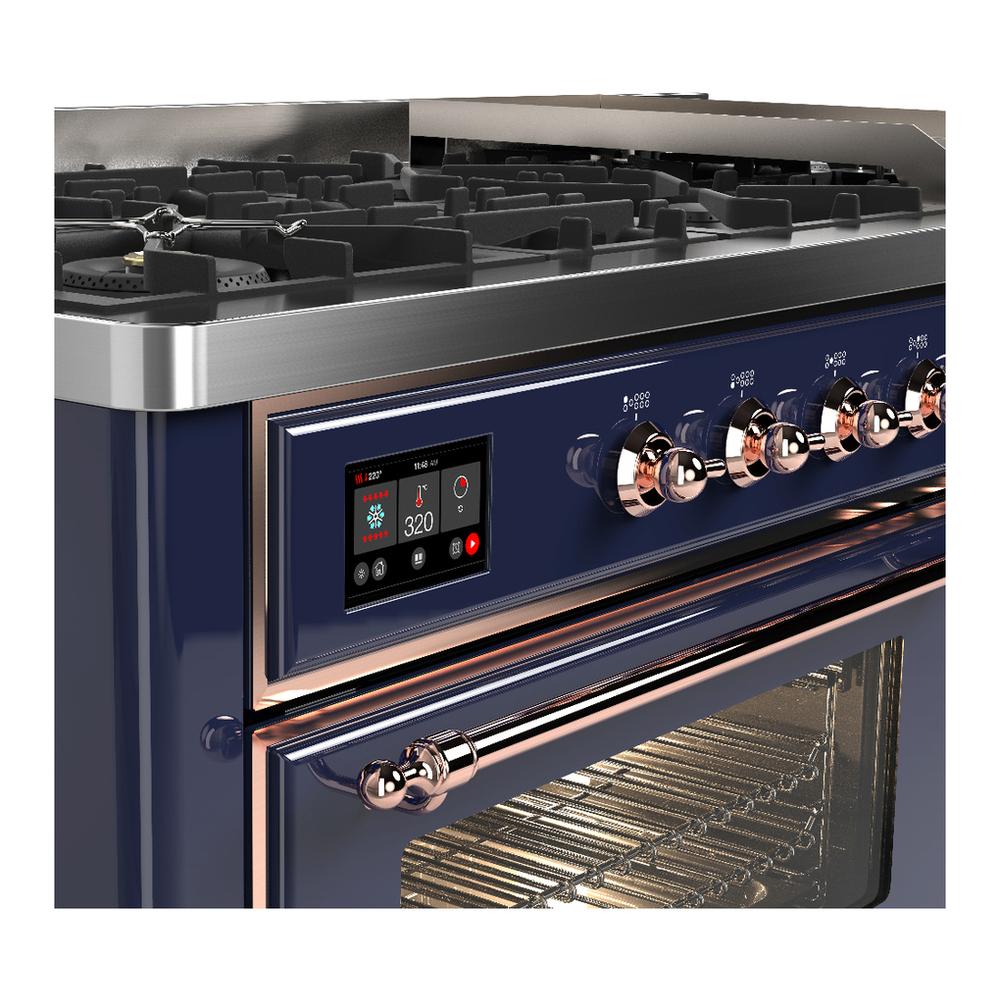 ILVE UM60FNR3MBPLP Majestic III 60 inch Dual Fuel Range with 9 Burners and Griddle, Dual Function Burner up to 25,000 BTU (Liquid Propane, Triple Glass Door, Midnight Blue, Copper)