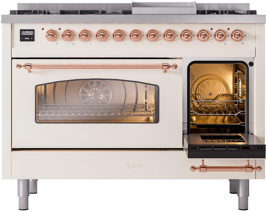 Nostalgie II 48 Inch Dual Fuel Natural Gas Freestanding Range in Antique White with Copper Trim