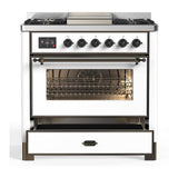 ILVE UM36FNR3WHB Majestic III 36 inch Dual Fuel Range with 6 Black Brass Burners and Griddle, Dual Function Burner up to 25,000 BTU (Triple Glass Door, White, Burnished, Natural Gas)
