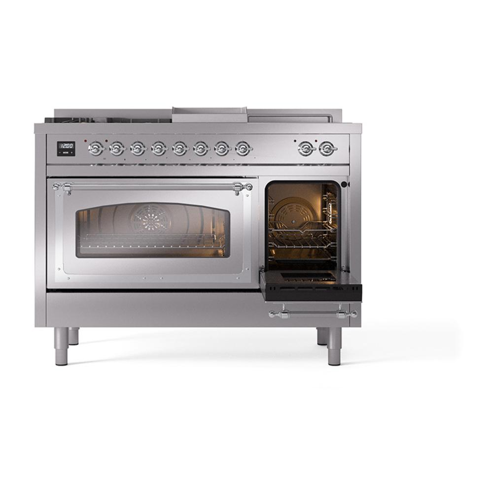 ILVE UN48FSNMPSSCLP Nostalgie II Noblesse 48 inch Dual Fuel Range (5 Sealed Burners + Griddle + French Top, Liquid Propane, Triple Glass Door, Stainless Steel, Chrome)