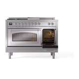 ILVE UN48FSNMPSSCLP Nostalgie II Noblesse 48 inch Dual Fuel Range (5 Sealed Burners + Griddle + French Top, Liquid Propane, Triple Glass Door, Stainless Steel, Chrome)