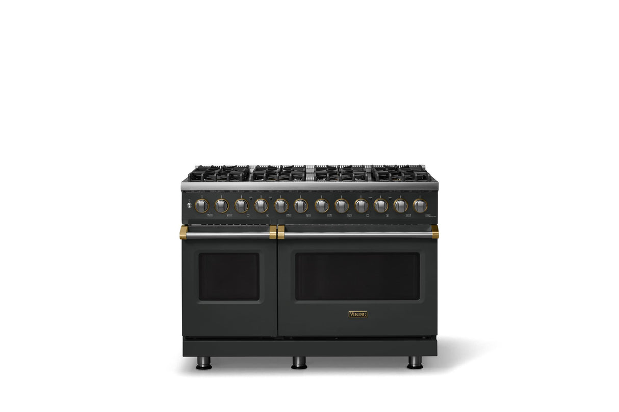 48"W. Dual Fuel Range (Burner: 8b, Finish: Antique Bronze, Trim: Brushed Brass, Fuel: Propane)