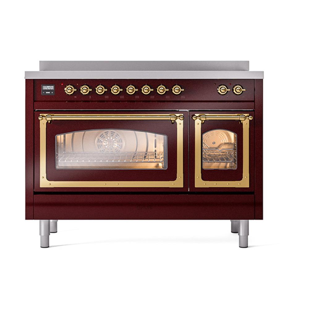 ILVE UNI486NMPBUG Nostalgie II Noblesse 48 inch Induction Range (Triple Glass Door, Burgundy, Brass)