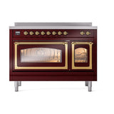 ILVE UNI486NMPBUG Nostalgie II Noblesse 48 inch Induction Range (Triple Glass Door, Burgundy, Brass)