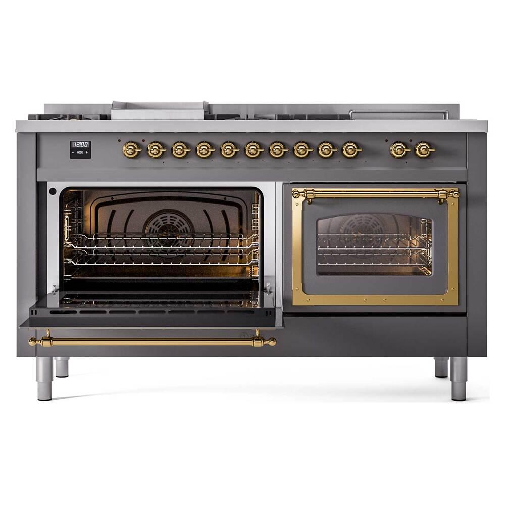 ILVE UN60FSNMPMGGLP Nostalgie II Noblesse 60 inch Dual Fuel Range (7 Sealed Burners + Griddle + French Top, Liquid Propane, Triple Glass Door, Graphite Matte, Brass)