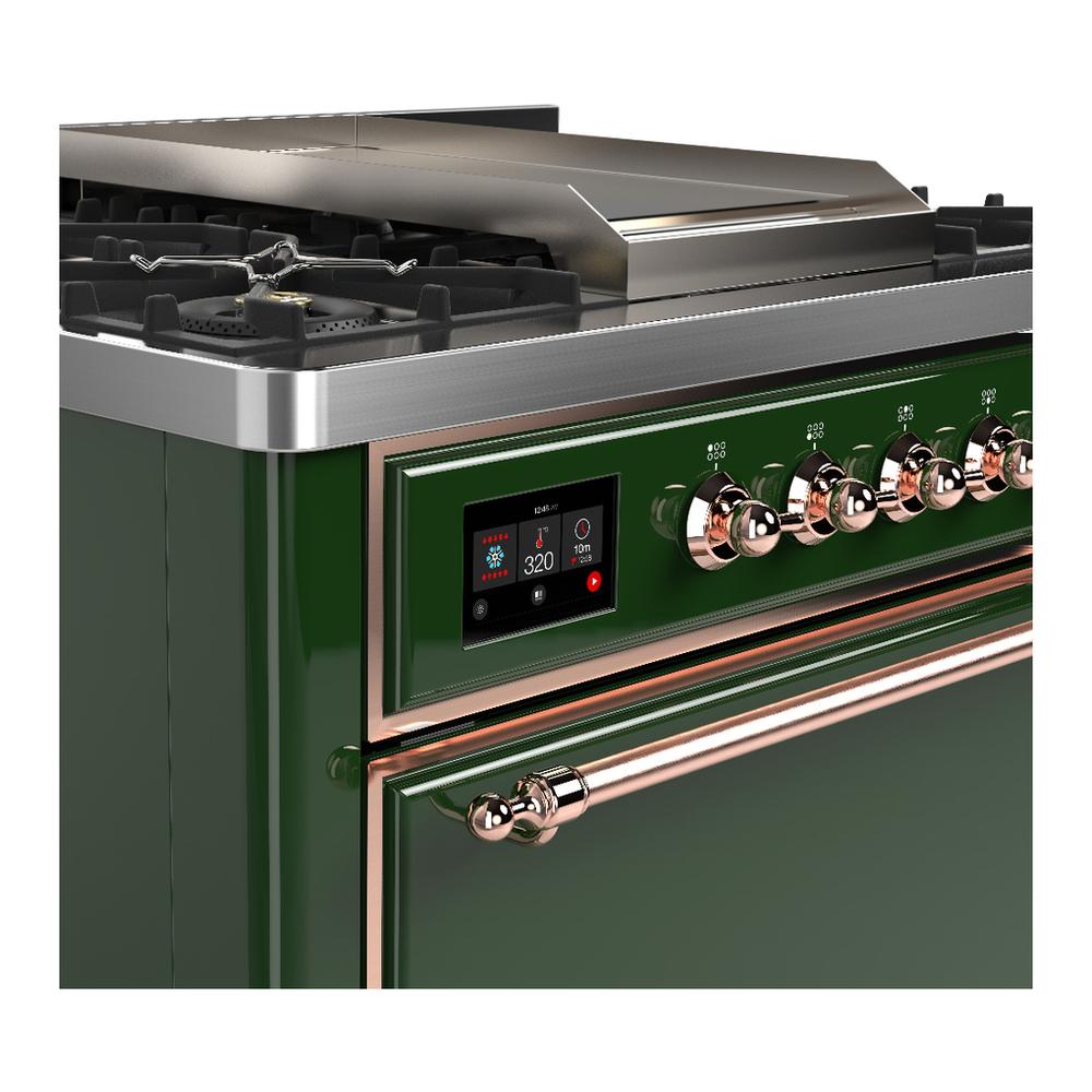 ILVE UM36FQNR3EGP Majestic III 36 inch Dual Fuel Range with 6 Black Brass Burners and Griddle, Dual Function Burner up to 25,000 BTU (Solid Door, Emerald Green, Copper, Natural Gas)
