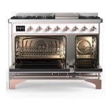 ILVE UM48FNR3WHPLP Majestic III 48 inch Dual Fuel Range with 8 Burners and Griddle, Dual Function Burner up to 25,000 BTU (Liquid Propane, Triple Glass Door, White, Copper)
