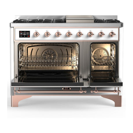 ILVE UM48FNR3WHPLP Majestic III 48 inch Dual Fuel Range with 8 Burners and Griddle, Dual Function Burner up to 25,000 BTU (Liquid Propane, Triple Glass Door, White, Copper)