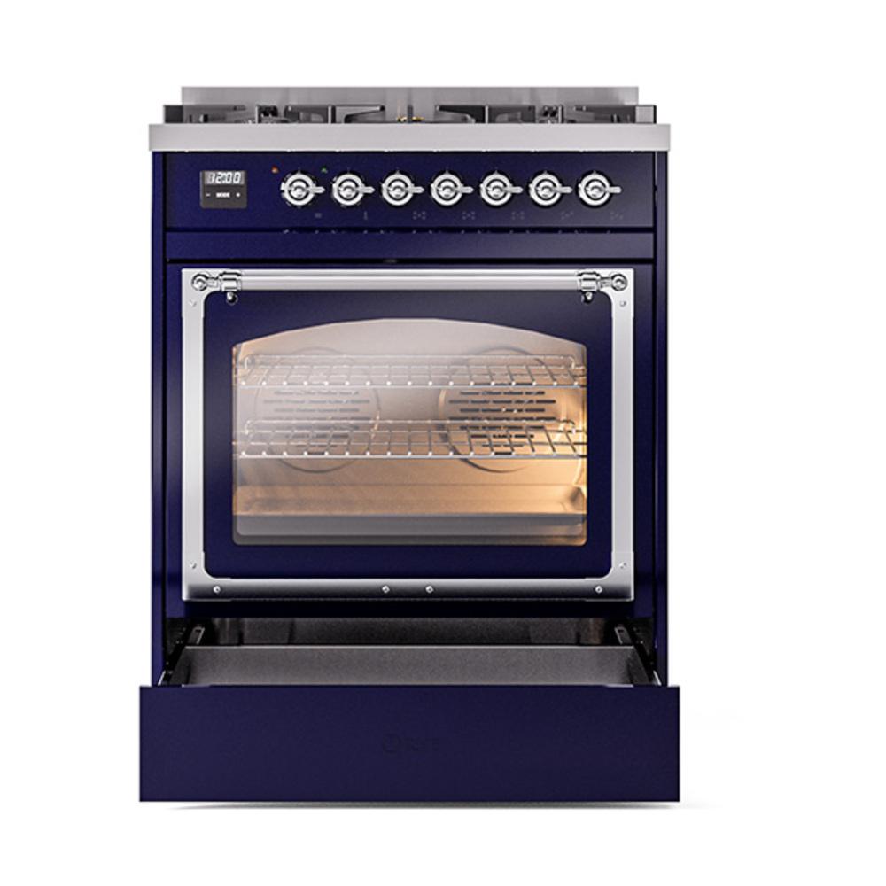 ILVE UN30NMPMBC Nostalgie II Noblesse 30 inch Dual Fuel Range (Natural Gas, Triple Glass Door, Midnight Blue, Chrome)