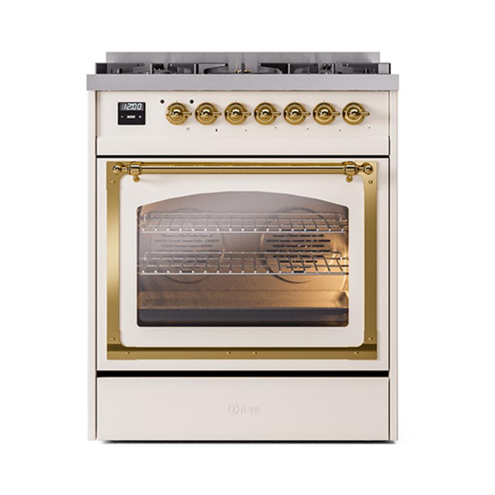 ILVE UN30NMPAWG Nostalgie II Noblesse 30 inch Dual Fuel Range (Natural Gas, Triple Glass Door, Antique White, Brass)