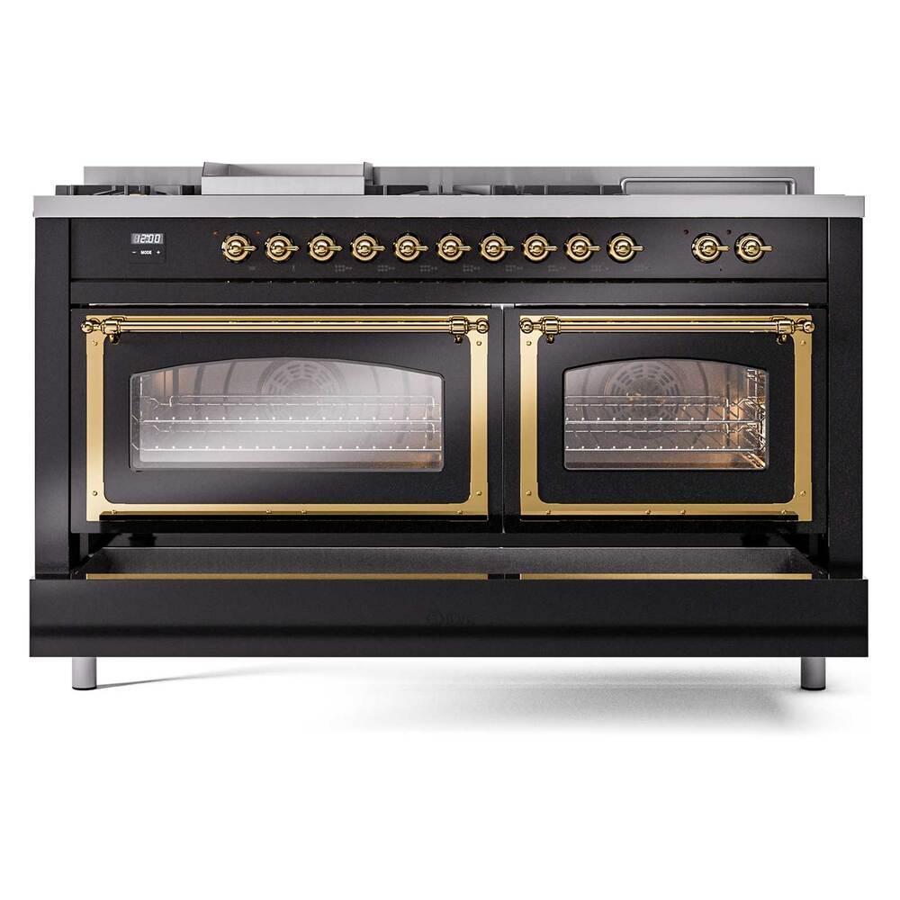 ILVE UN60FSNMPBKG Nostalgie II Noblesse 60 inch Dual Fuel Range (7 Sealed Burners + Griddle + French Top, Natural Gas, Triple Glass Door, Glossy Black, Brass)