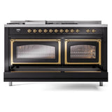 ILVE UN60FSNMPBKG Nostalgie II Noblesse 60 inch Dual Fuel Range (7 Sealed Burners + Griddle + French Top, Natural Gas, Triple Glass Door, Glossy Black, Brass)