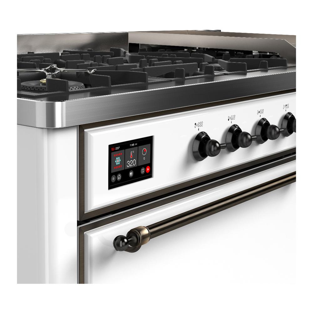 ILVE UM60FQNR3WHB Majestic III 60 inch Dual Fuel Range with 9 Burners and Griddle, Dual Function Burner up to 25,000 BTU (Natural Gas, Solid Door, White, Burnished)