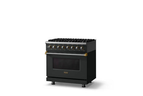 36"W. Dual Fuel Range (Burner: 6b, Finish: Antique Bronze, Trim: Brushed Brass, Fuel: Propane)