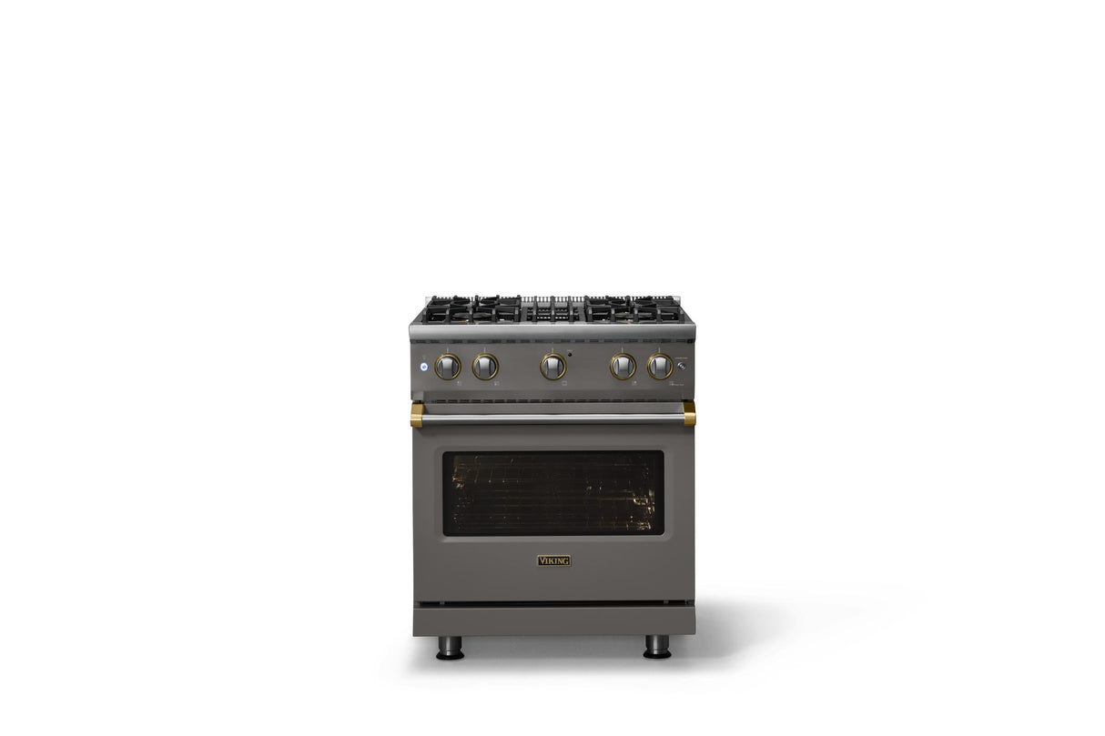 30"W. Sealed Burner Gas Range (Finish: Damascus Gray, Trim: Brushed Brass, Fuel: Propane)