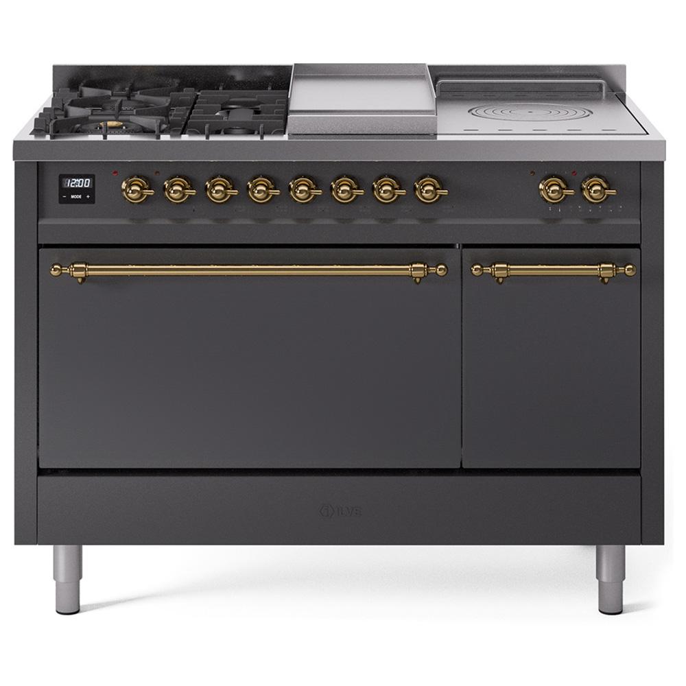 ILVE Nostalgie II 48 UP48FSQNMPMGG Freestanding Dual Fuel Range with 5 Sealed Burners Yes and French Top Double Oven with Solid Door in Graphite Matte with Brass knobs