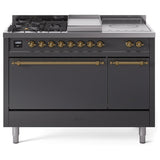ILVE Nostalgie II 48 UP48FSQNMPMGG Freestanding Dual Fuel Range with 5 Sealed Burners Yes and French Top Double Oven with Solid Door in Graphite Matte with Brass knobs