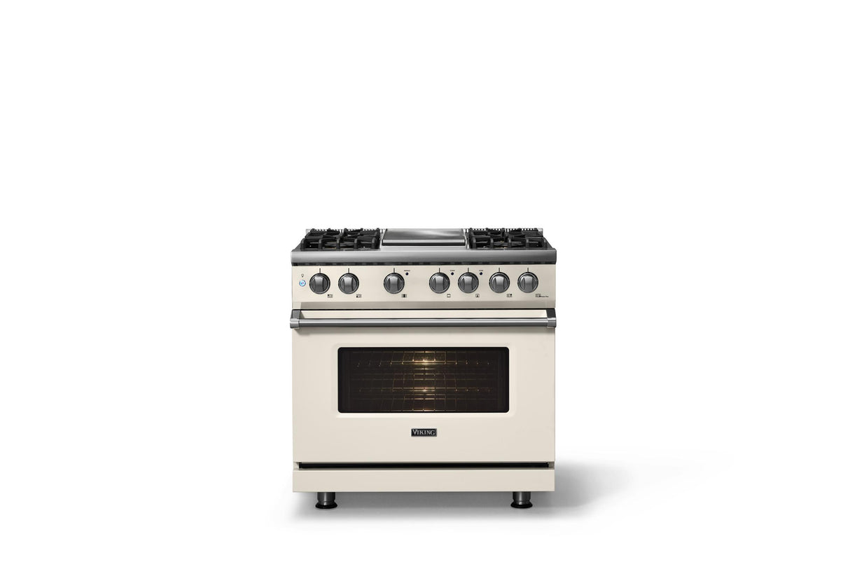 36"W. Dual Fuel Range (Burner: 4g, Finish: Pure White, Trim: Polished Chrome, Fuel: Natural Gas)