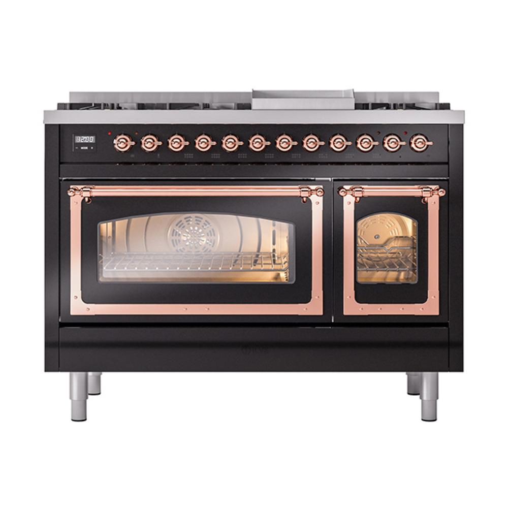 ILVE UN48FNMPBKPLP Nostalgie II Noblesse 48 inch Dual Fuel Range (8 Sealed Burners + Griddle, Liquid Propane, Triple Glass Door, Glossy Black, Copper)