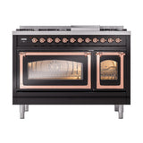 ILVE UN48FNMPBKPLP Nostalgie II Noblesse 48 inch Dual Fuel Range (8 Sealed Burners + Griddle, Liquid Propane, Triple Glass Door, Glossy Black, Copper)