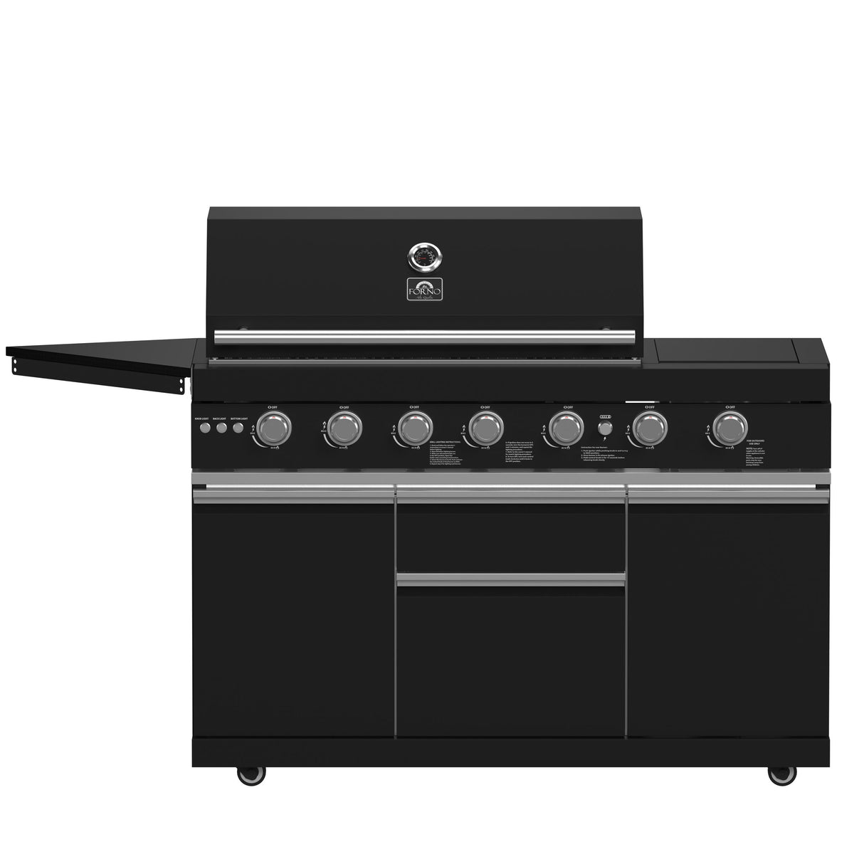 Forno All Aperto 87,600 BTU Outdoor Kitchen, 4 Burners, Infrared Burners, Side Burner, Black Sintered Stone Countertops, Gas Pizza Oven, Sink Module, Bar & Beverage Center